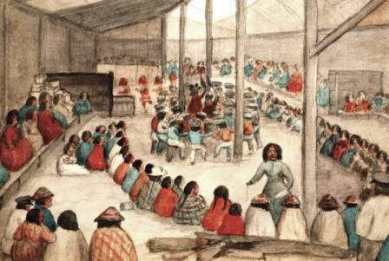 Watercolor by James G. Swan depicting the Klallam people of chief Chetzemoka at Port Townsend, with one of Chetzemoka's wives distributing potlatch
